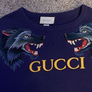 Gucci Navy Blue Logo Wolf Graphic Sweatshirt